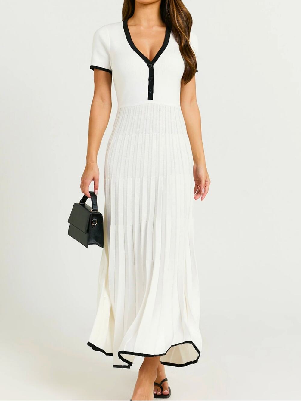 Showpo Cream Black Short Sleeve Knit Midi Dress Pleated Size 4 Preppy Sweater